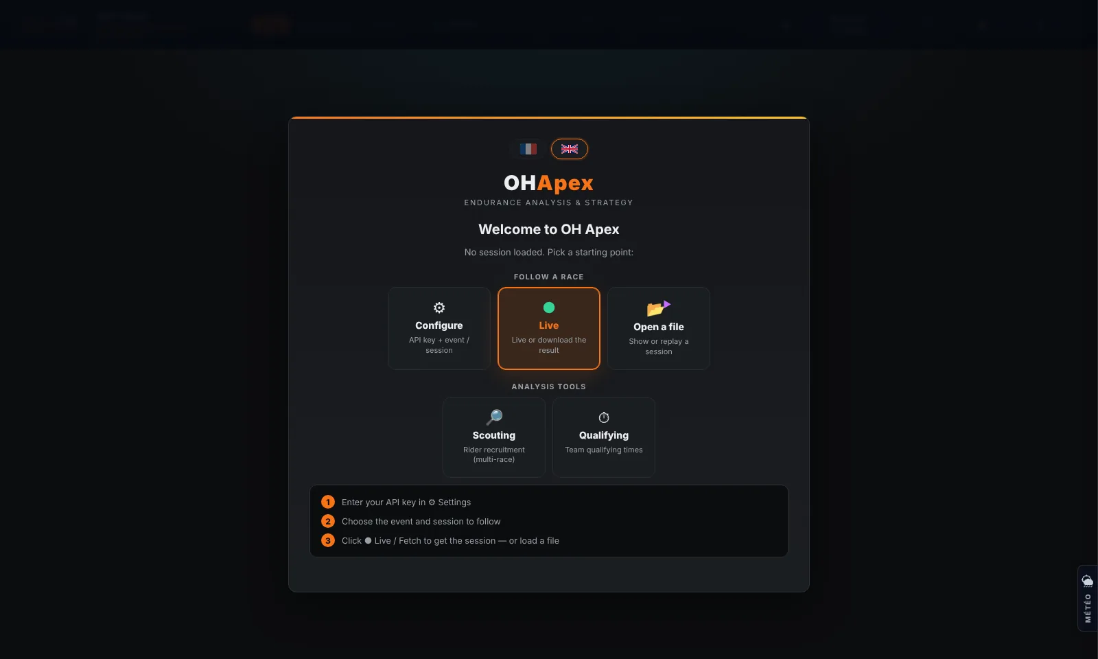 The lock screen on first launch: dark background, OHP Apex logo in orange, "Licence required" message and "Open Settings" button