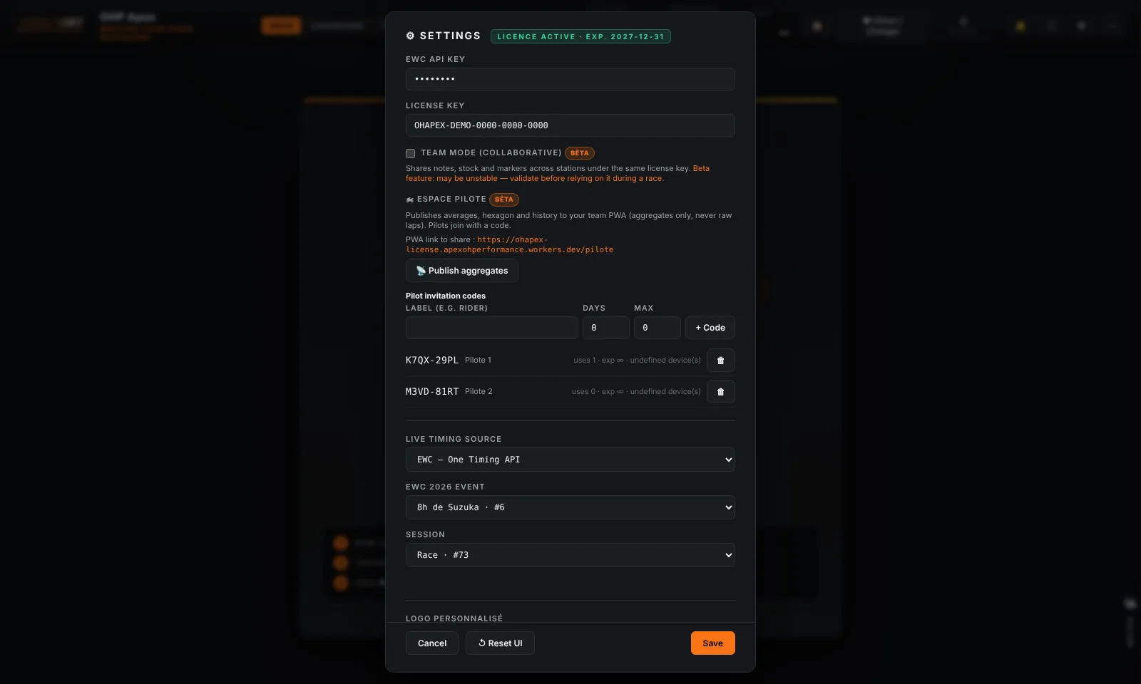 The Settings panel open, Licence section highlighted: key input field and "Validate" button