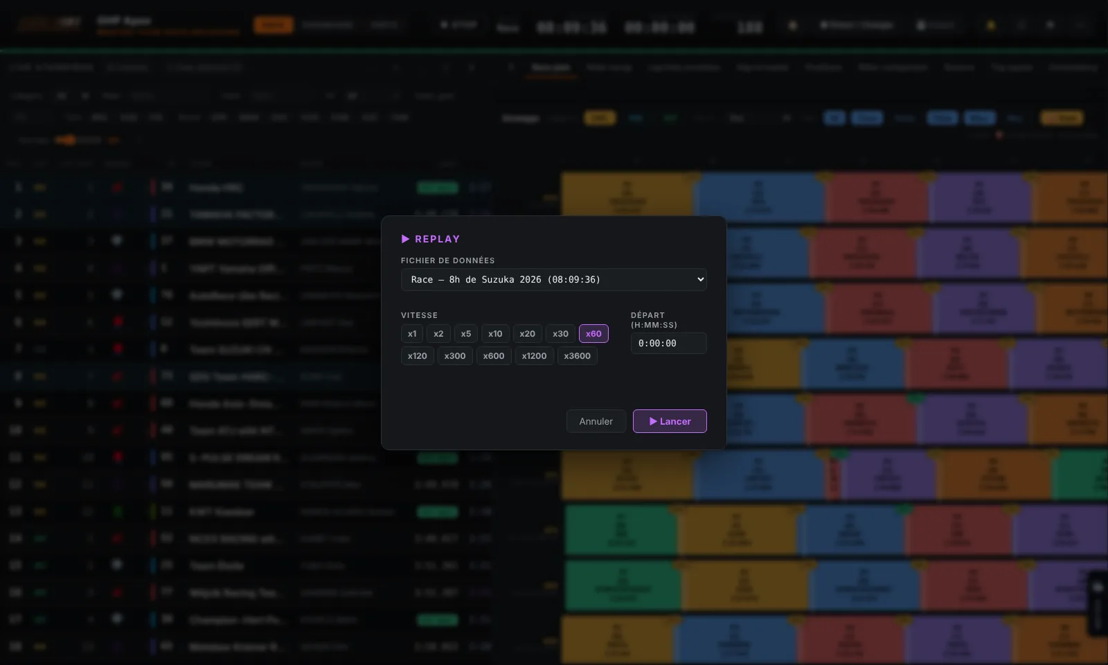 The Replay window open: loaded session name, speed selector (buttons x1 to x3600), "Start from" field, "Start" button
